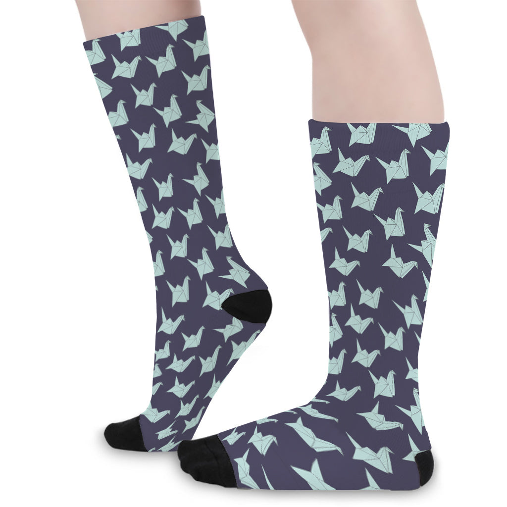 Blue Origami Crane Pattern Print Long Socks