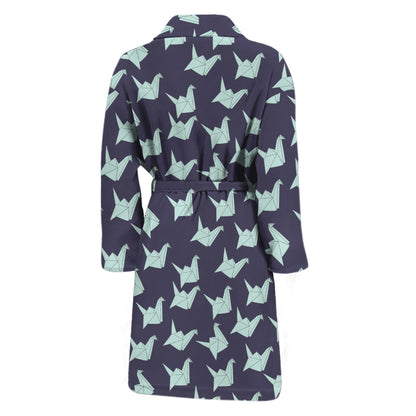 Blue Origami Crane Pattern Print Men's Bathrobe