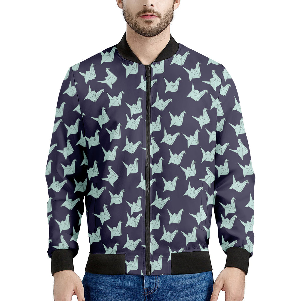 Blue Origami Crane Pattern Print Men's Bomber Jacket