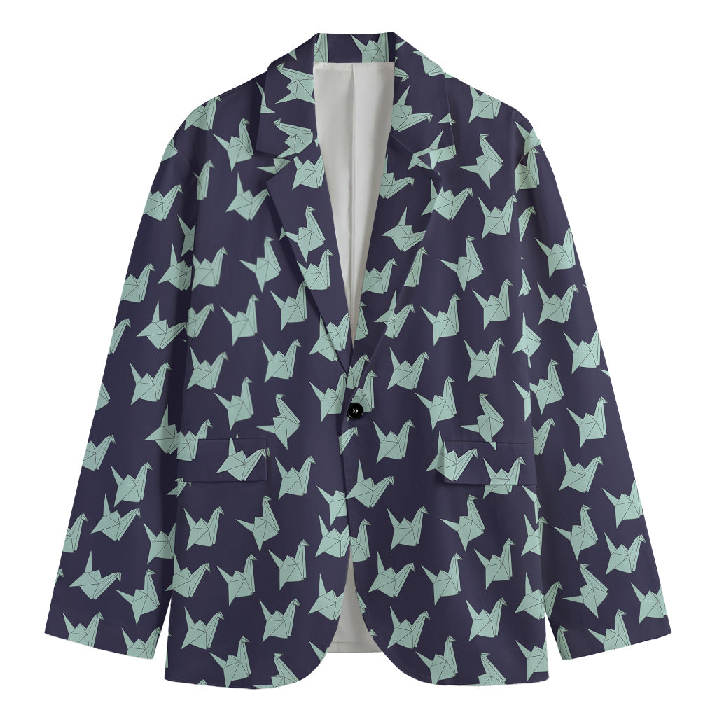 Blue Origami Crane Pattern Print Men's Cotton Blazer