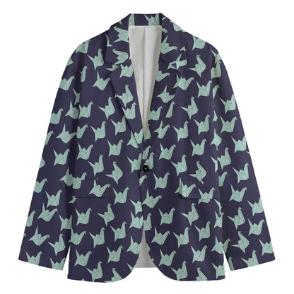 Blue Origami Crane Pattern Print Men's Cotton Blazer