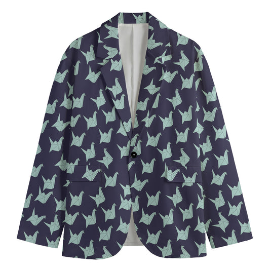 Blue Origami Crane Pattern Print Men's Cotton Blazer