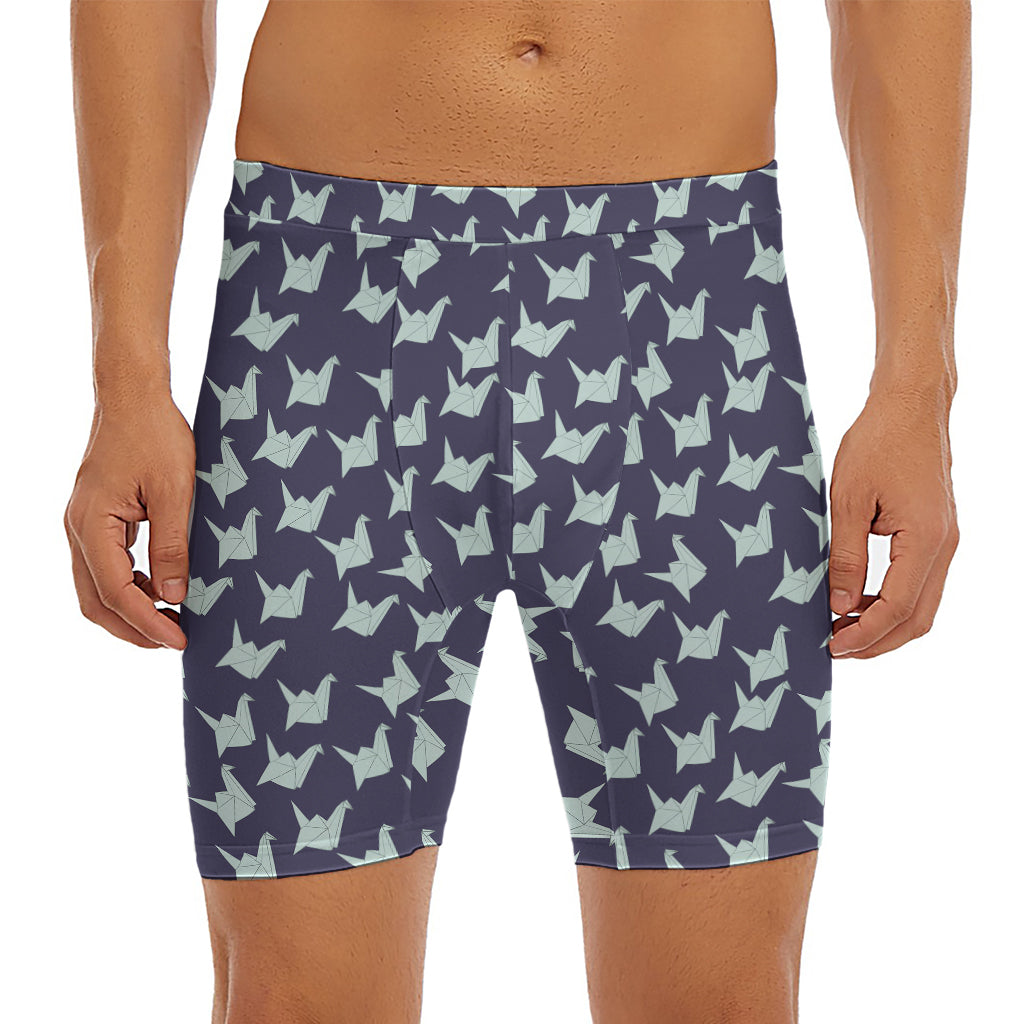 Blue Origami Crane Pattern Print Men's Long Boxer Briefs