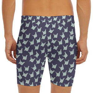 Blue Origami Crane Pattern Print Men's Long Boxer Briefs