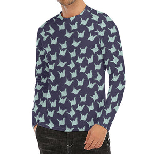 Blue Origami Crane Pattern Print Men's Long Sleeve Rash Guard