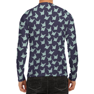 Blue Origami Crane Pattern Print Men's Long Sleeve Rash Guard