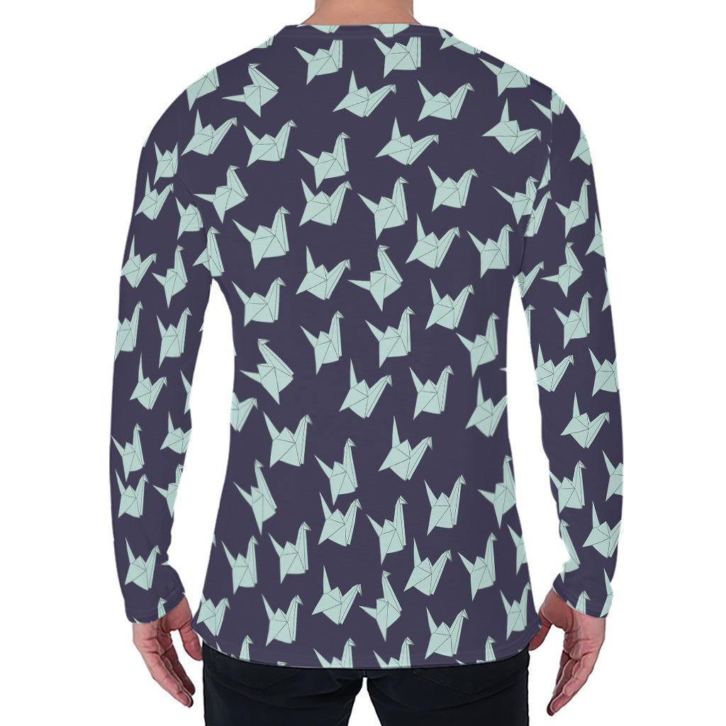 Blue Origami Crane Pattern Print Men's Long Sleeve T-Shirt