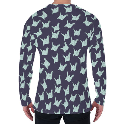 Blue Origami Crane Pattern Print Men's Long Sleeve T-Shirt