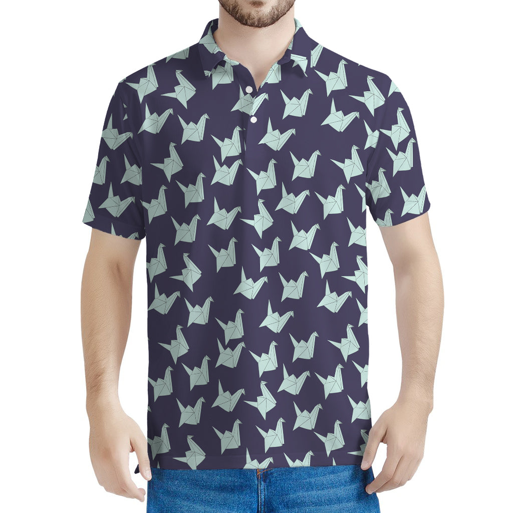 Blue Origami Crane Pattern Print Men's Polo Shirt