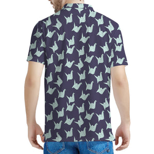 Blue Origami Crane Pattern Print Men's Polo Shirt