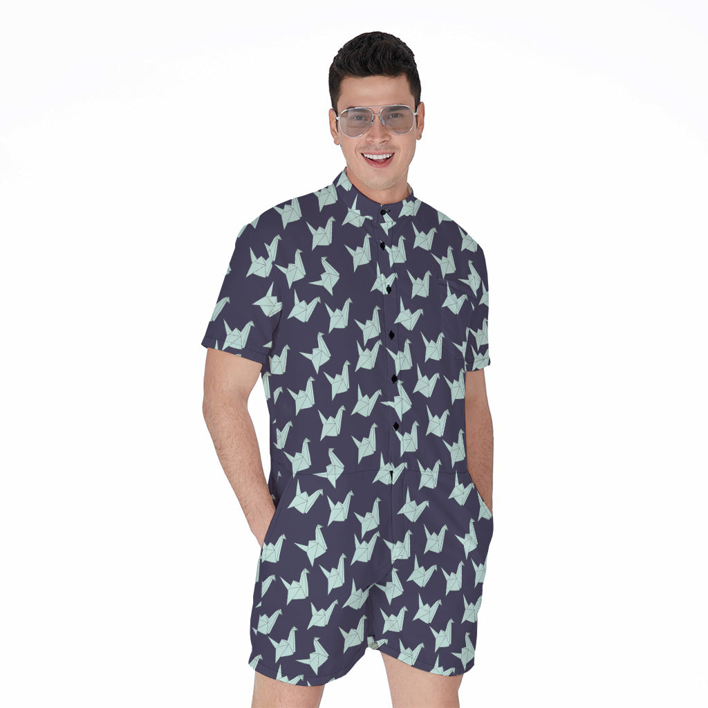 Blue Origami Crane Pattern Print Men's Rompers