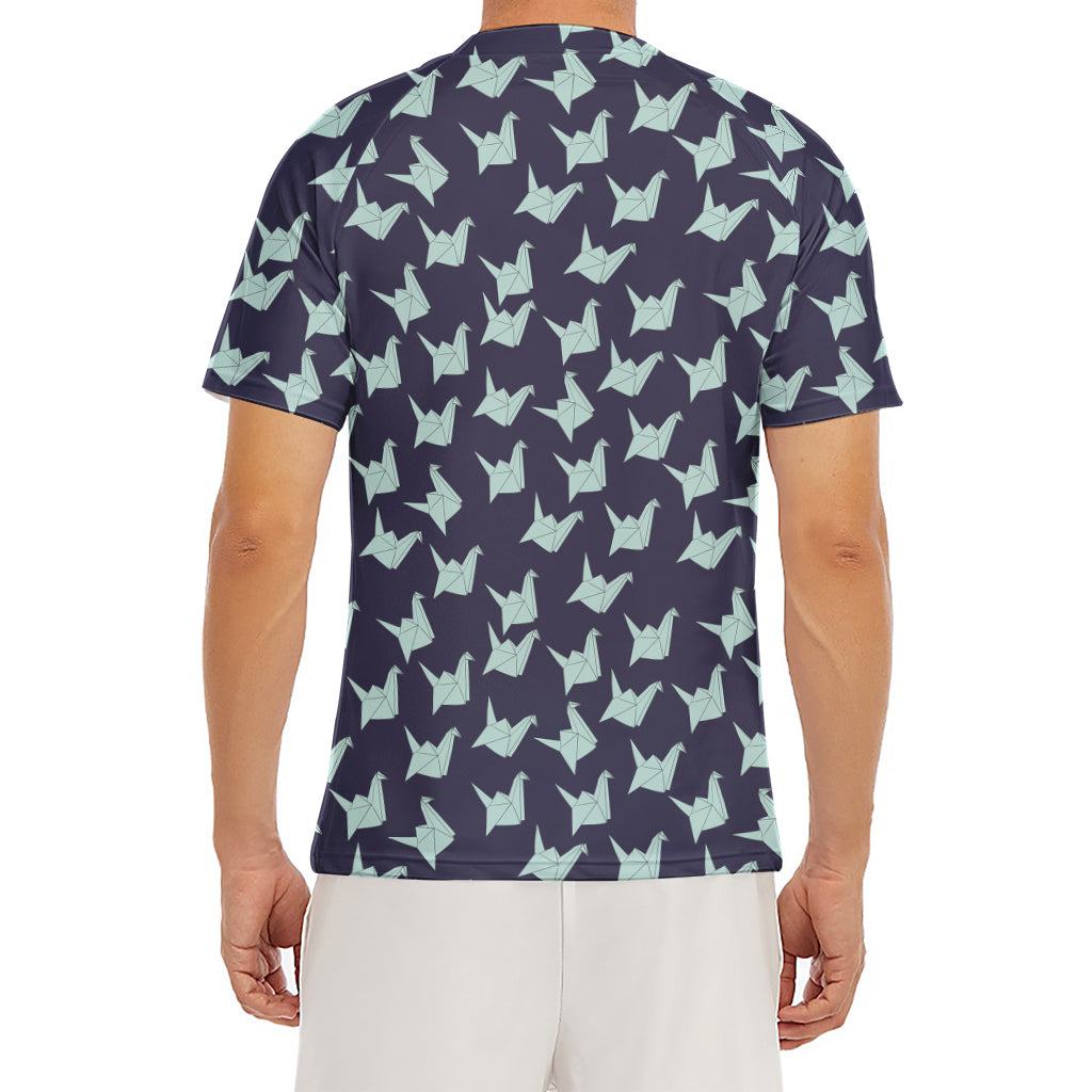 Blue Origami Crane Pattern Print Men's Short Sleeve Rash Guard