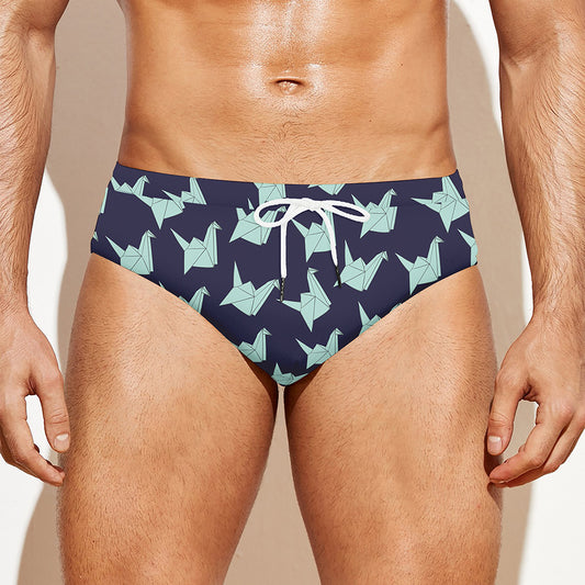Blue Origami Crane Pattern Print Men's Swim Briefs