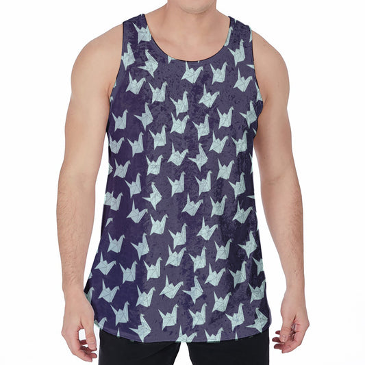 Blue Origami Crane Pattern Print Men's Velvet Tank Top