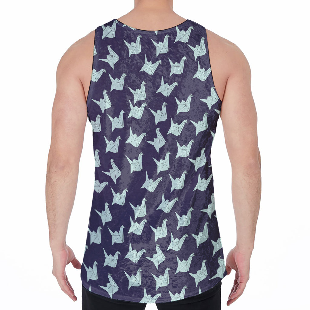 Blue Origami Crane Pattern Print Men's Velvet Tank Top