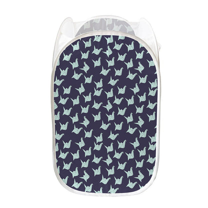 Blue Origami Crane Pattern Print Mesh Laundry Hamper