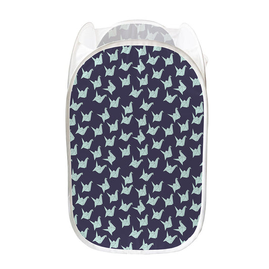 Blue Origami Crane Pattern Print Mesh Laundry Hamper