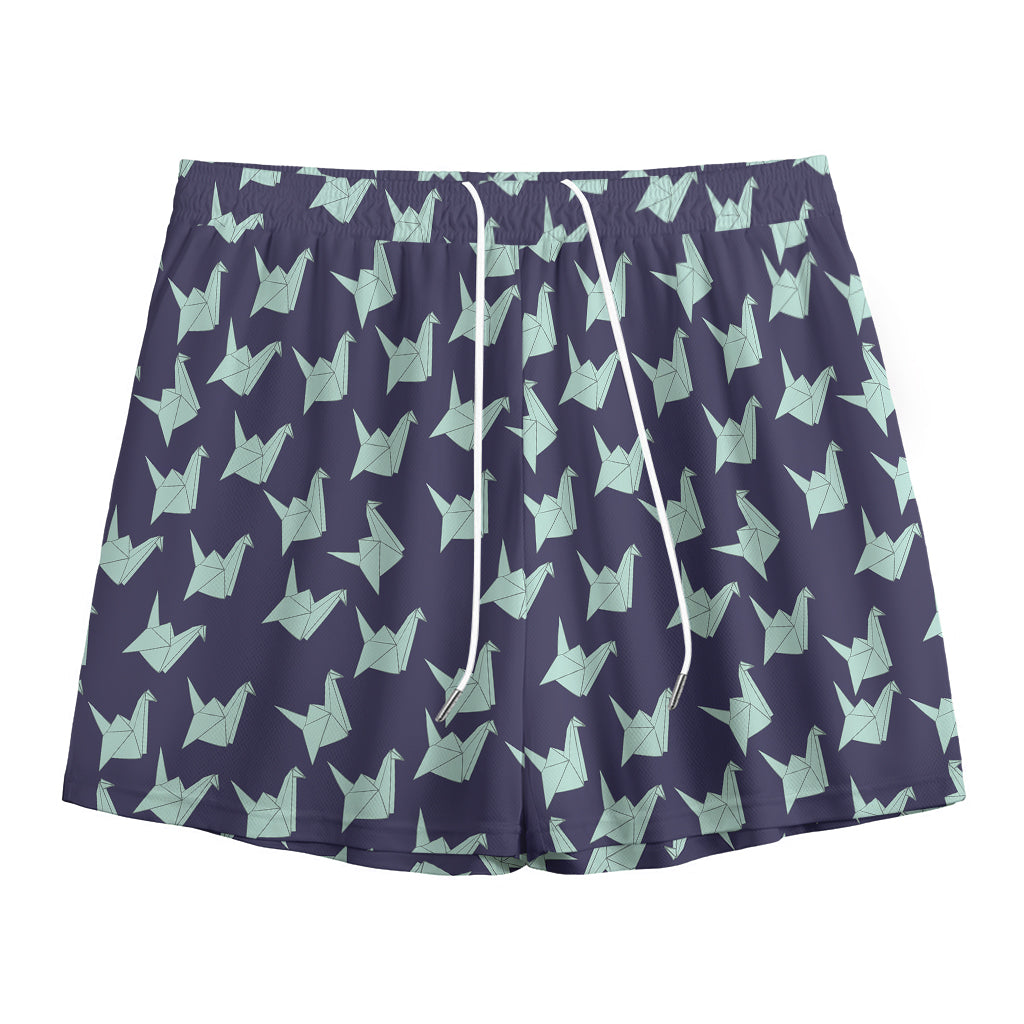 Blue Origami Crane Pattern Print Mesh Shorts