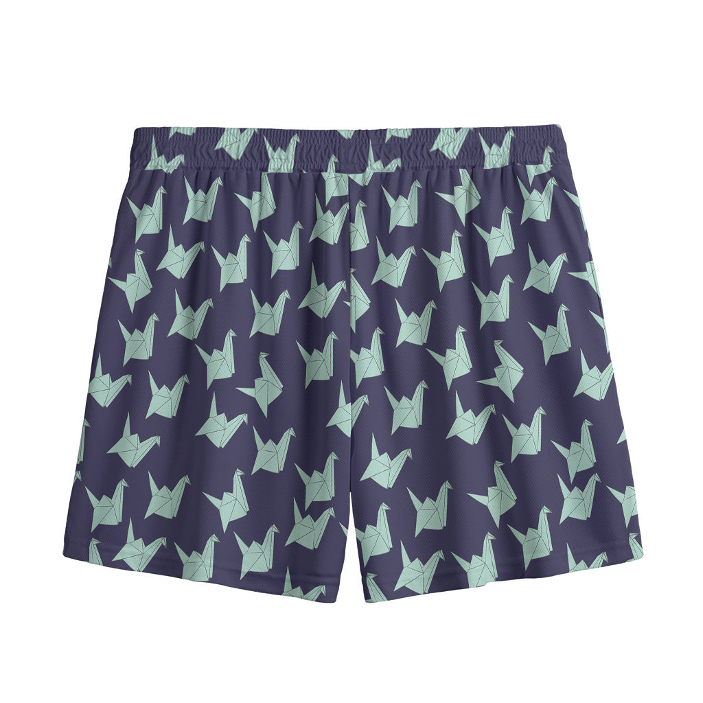 Blue Origami Crane Pattern Print Mesh Shorts