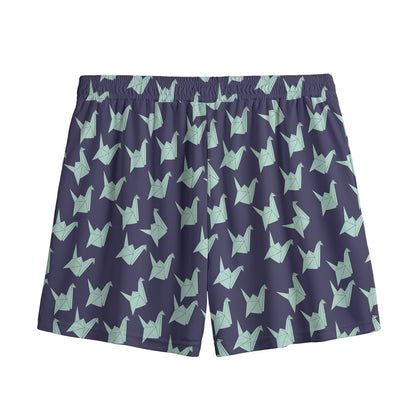 Blue Origami Crane Pattern Print Mesh Shorts