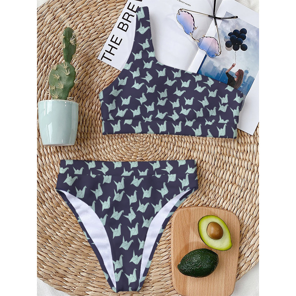 Blue Origami Crane Pattern Print One Shoulder Bikini Top