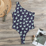 Blue Origami Crane Pattern Print One Shoulder Bodysuit