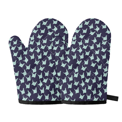Blue Origami Crane Pattern Print Oven Mitts