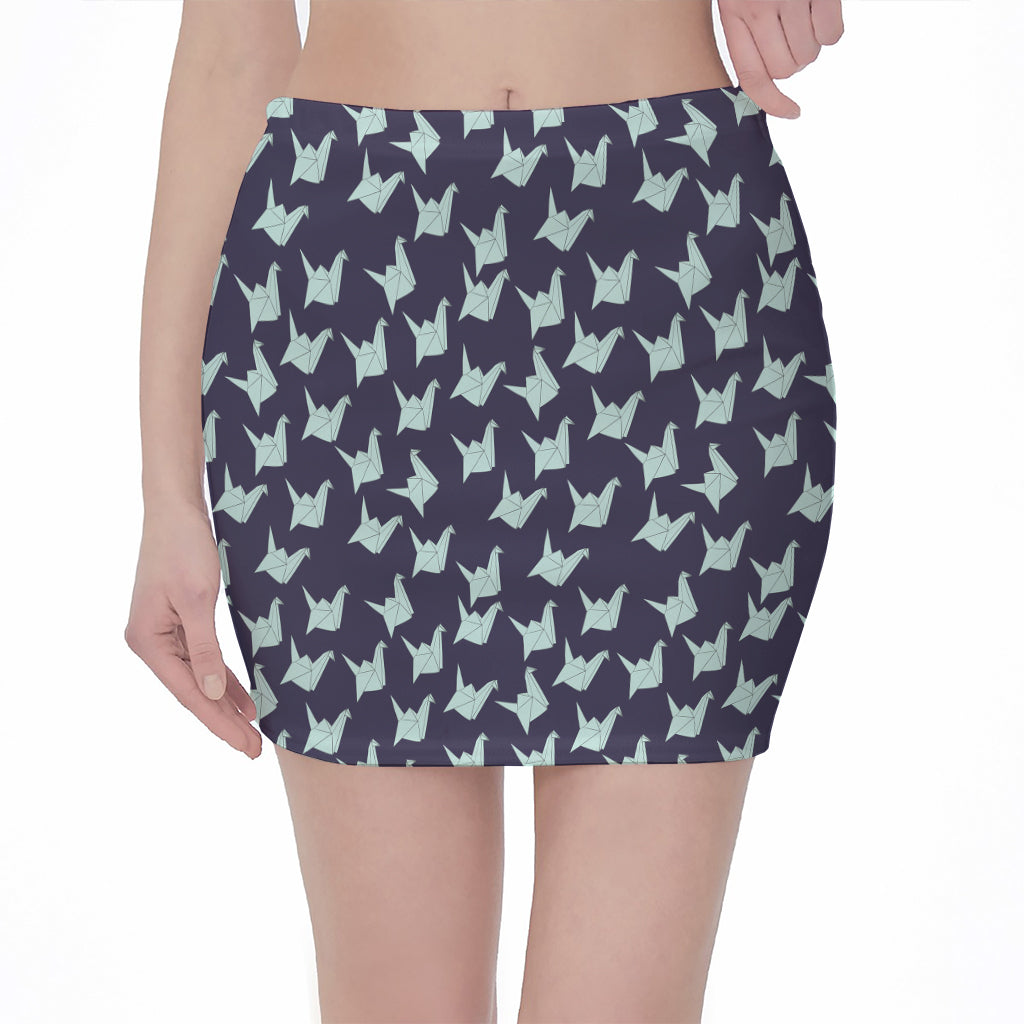 Blue Origami Crane Pattern Print Pencil Mini Skirt