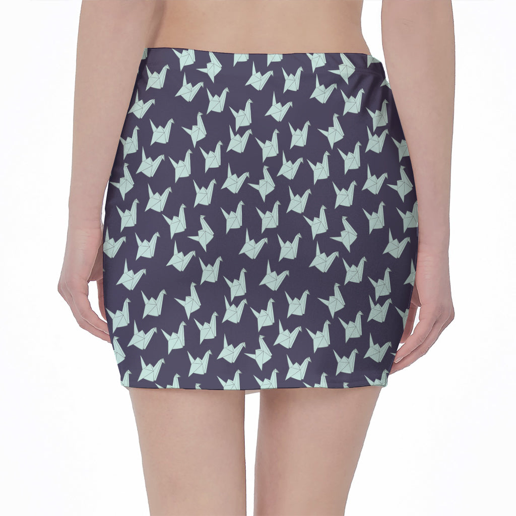 Blue Origami Crane Pattern Print Pencil Mini Skirt