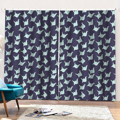 Blue Origami Crane Pattern Print Pencil Pleat Curtains