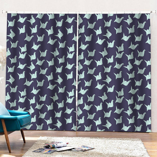 Blue Origami Crane Pattern Print Pencil Pleat Curtains