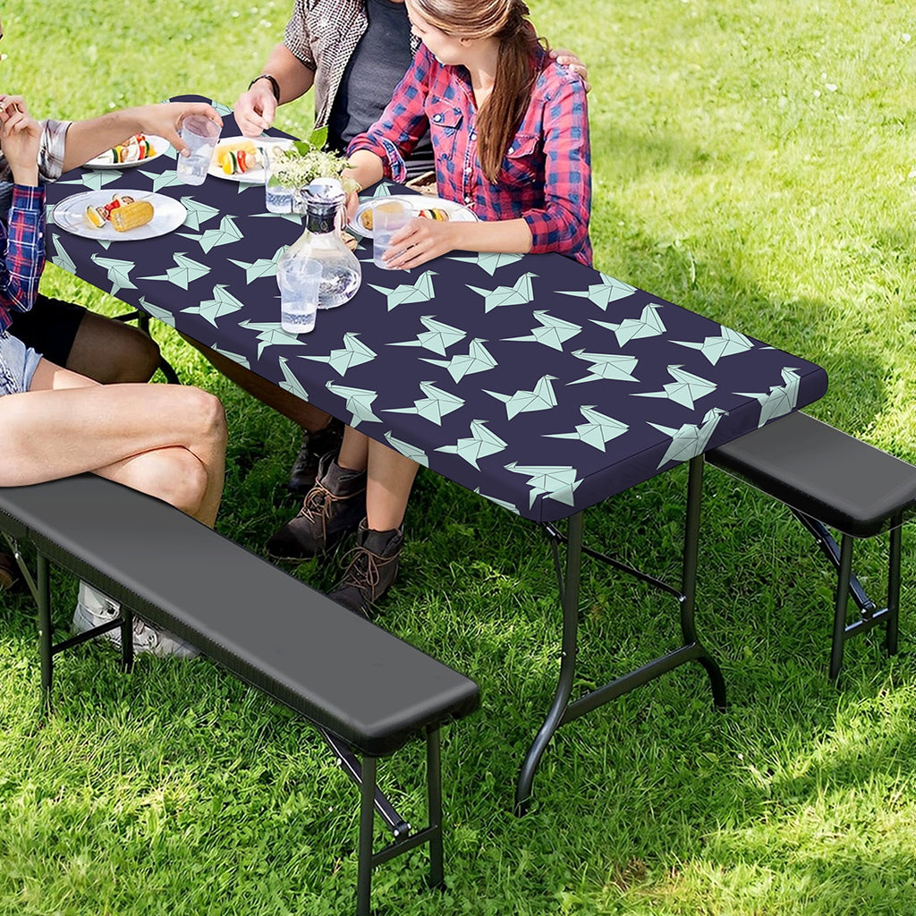 Blue Origami Crane Pattern Print Picnic Table Cover