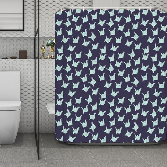 Blue Origami Crane Pattern Print Polyester Shower Curtain