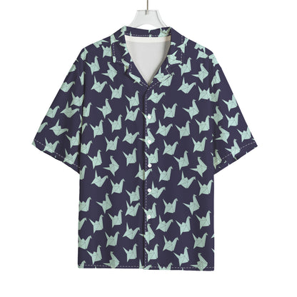 Blue Origami Crane Pattern Print Rayon Hawaiian Shirt