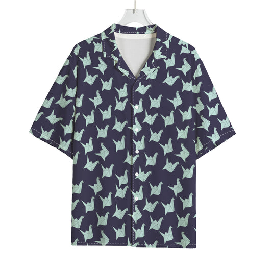 Blue Origami Crane Pattern Print Rayon Hawaiian Shirt