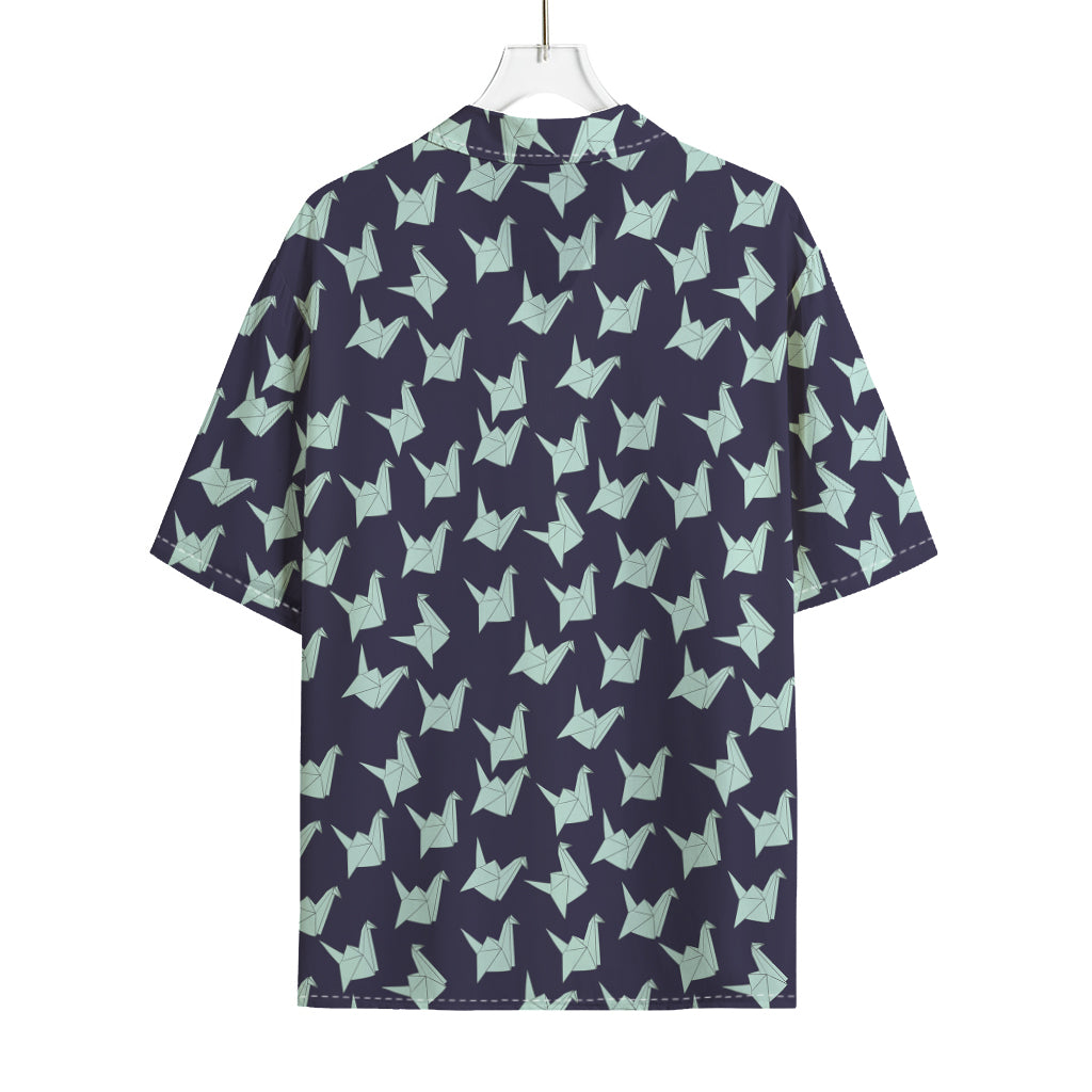 Blue Origami Crane Pattern Print Rayon Hawaiian Shirt