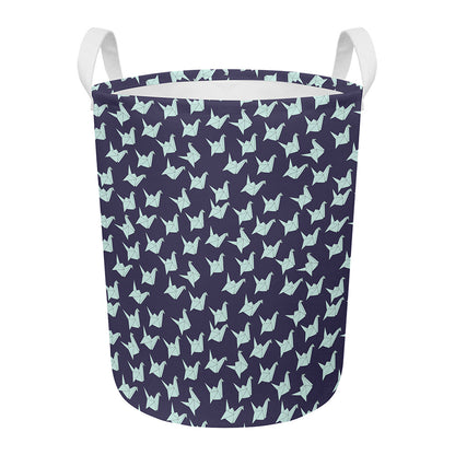 Blue Origami Crane Pattern Print Round Laundry Basket