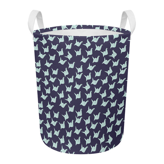 Blue Origami Crane Pattern Print Round Laundry Basket