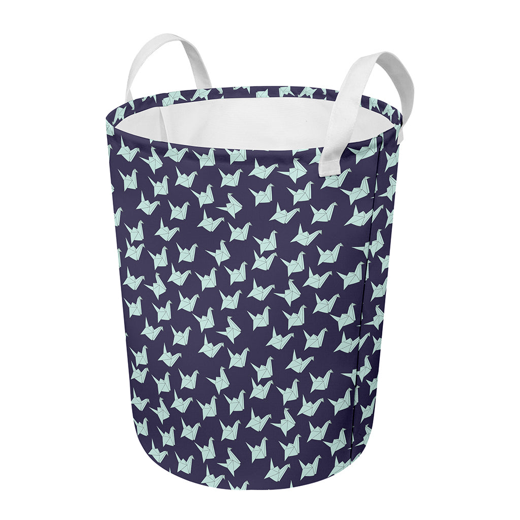 Blue Origami Crane Pattern Print Round Laundry Basket