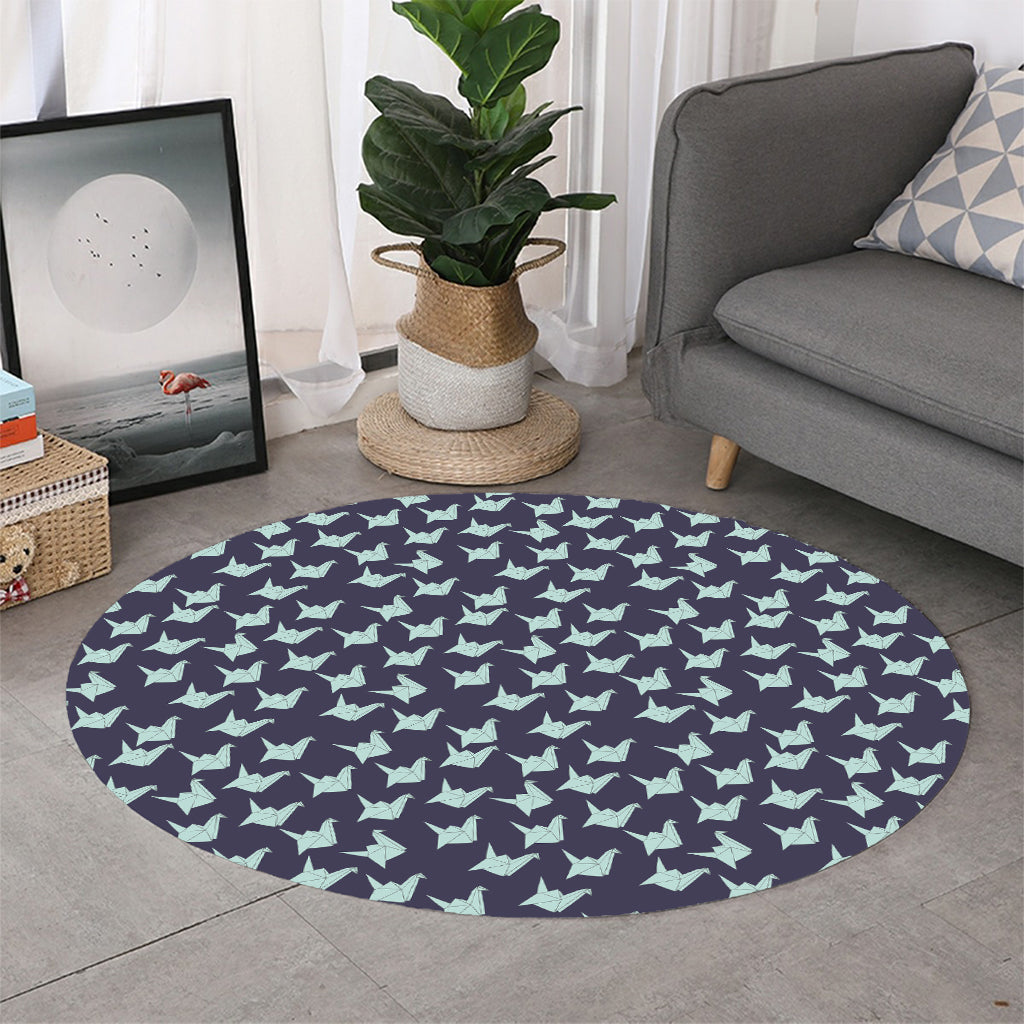 Blue Origami Crane Pattern Print Round Rug