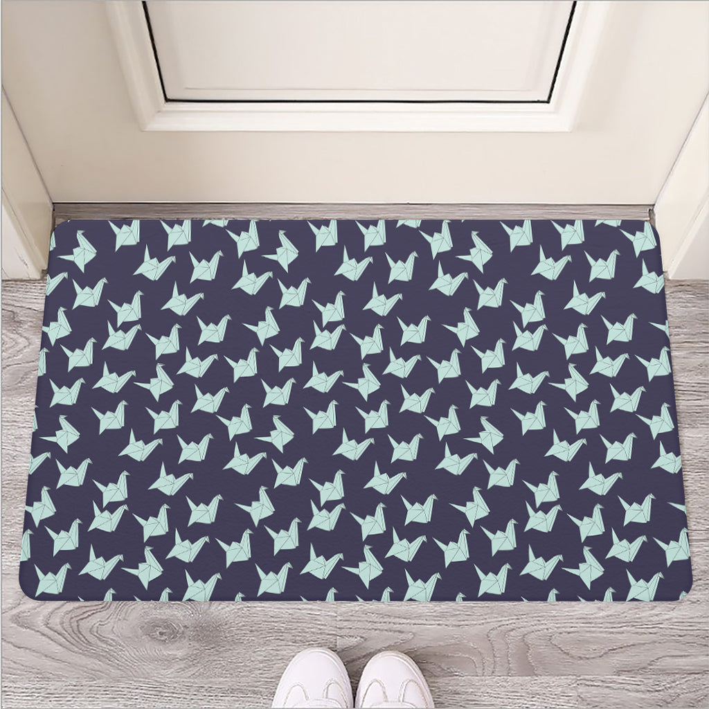 Blue Origami Crane Pattern Print Rubber Doormat