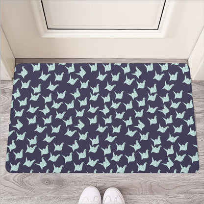 Blue Origami Crane Pattern Print Rubber Doormat
