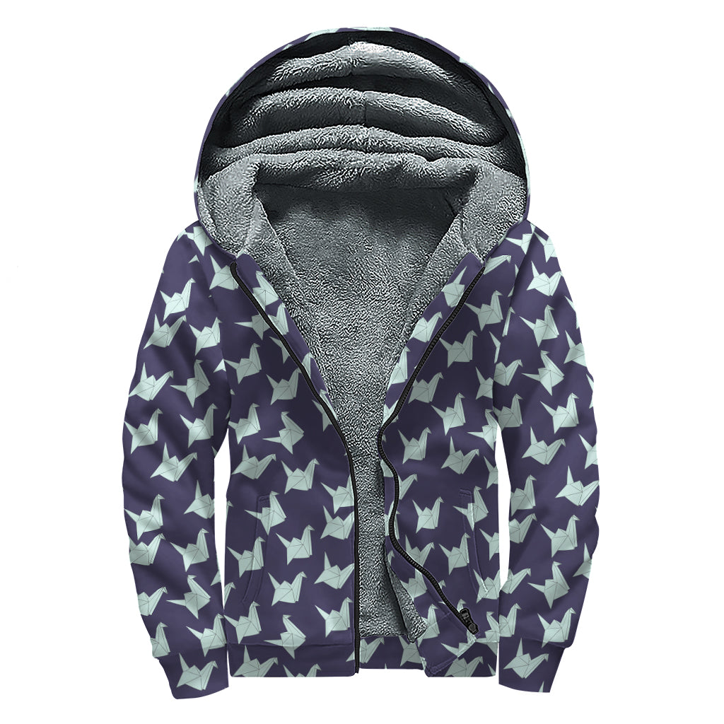 Blue Origami Crane Pattern Print Sherpa Lined Zip Up Hoodie