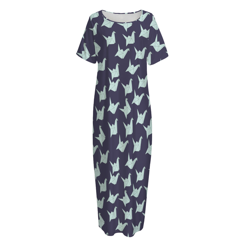 Blue Origami Crane Pattern Print Short Sleeve Long Nightdress