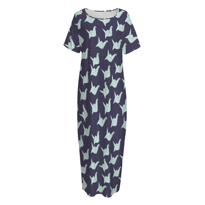 Blue Origami Crane Pattern Print Short Sleeve Long Nightdress