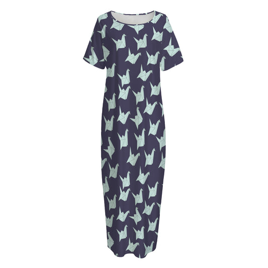 Blue Origami Crane Pattern Print Short Sleeve Long Nightdress