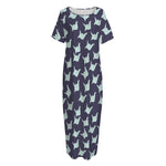 Blue Origami Crane Pattern Print Short Sleeve Long Nightdress
