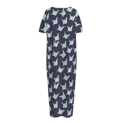 Blue Origami Crane Pattern Print Short Sleeve Long Nightdress
