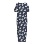 Blue Origami Crane Pattern Print Short Sleeve Long Nightdress