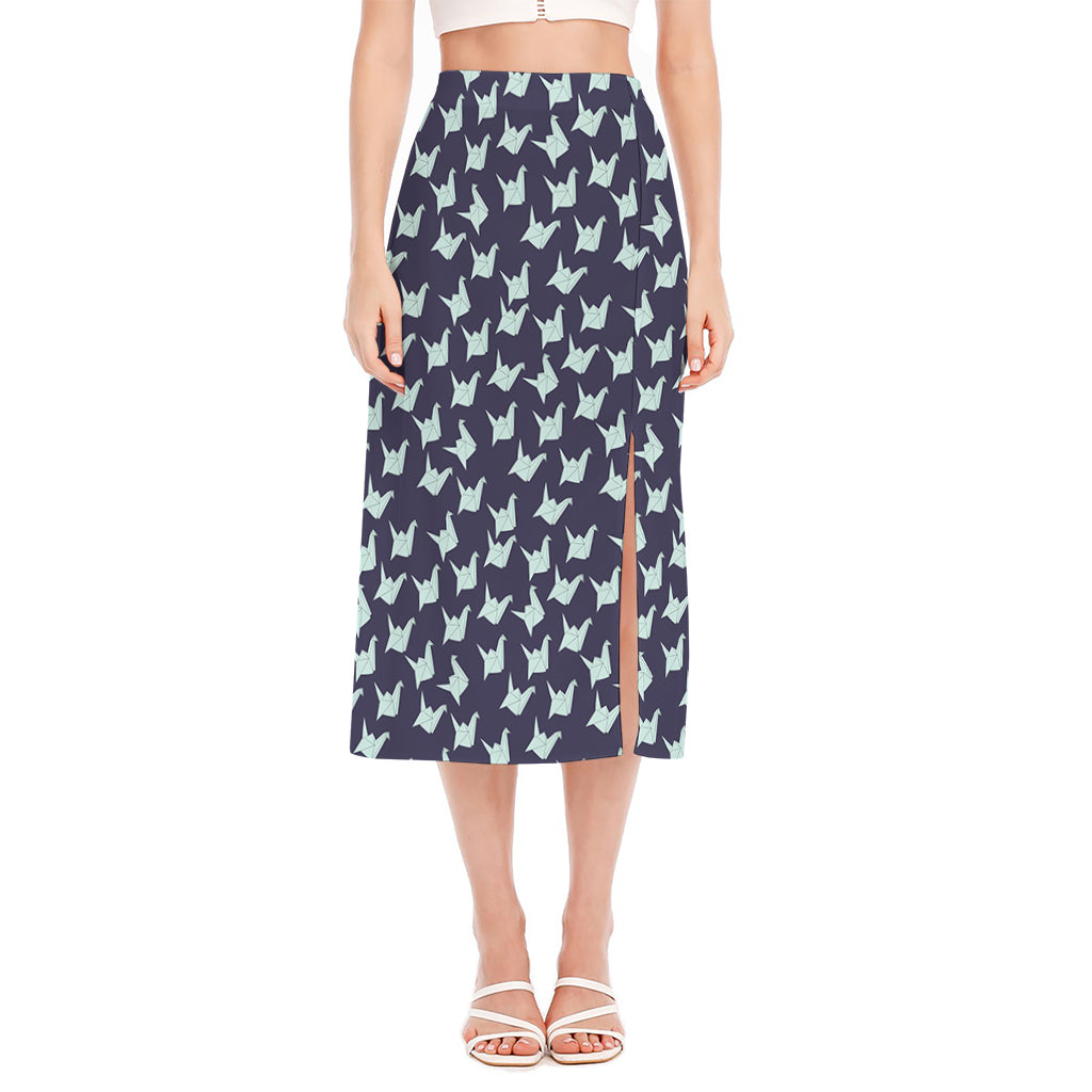 Blue Origami Crane Pattern Print Side Slit Midi Skirt